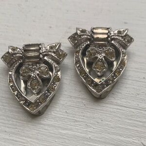 Vintage Dress Clips - 1930s Art Deco - Rhinestone Silver Tone - Bow Pear Heart